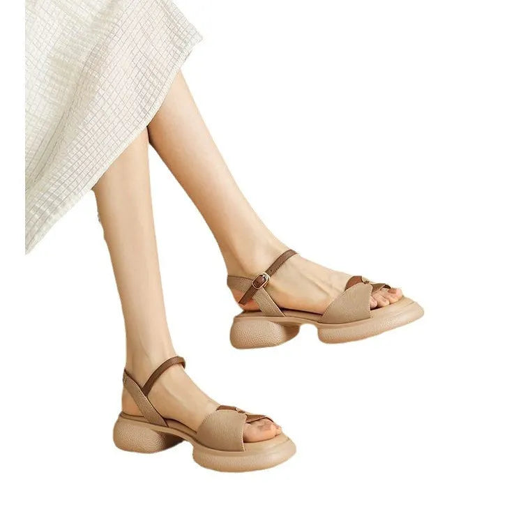 Women's chunky heel platform open toe sandals in khaki renewable leather