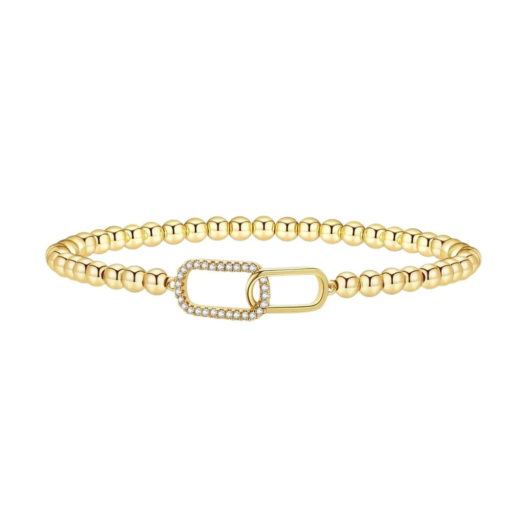 Adjustable stainless steel beaded bracelet for women in a geometric design with round beads.