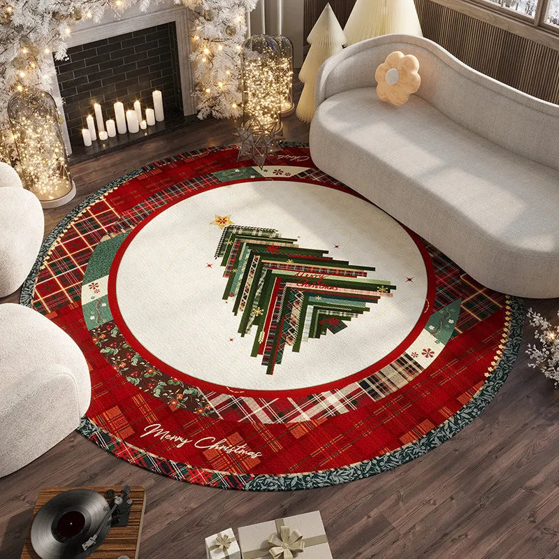 Round Christmas carpet with velvet pile in seasonal red colours on living room floor