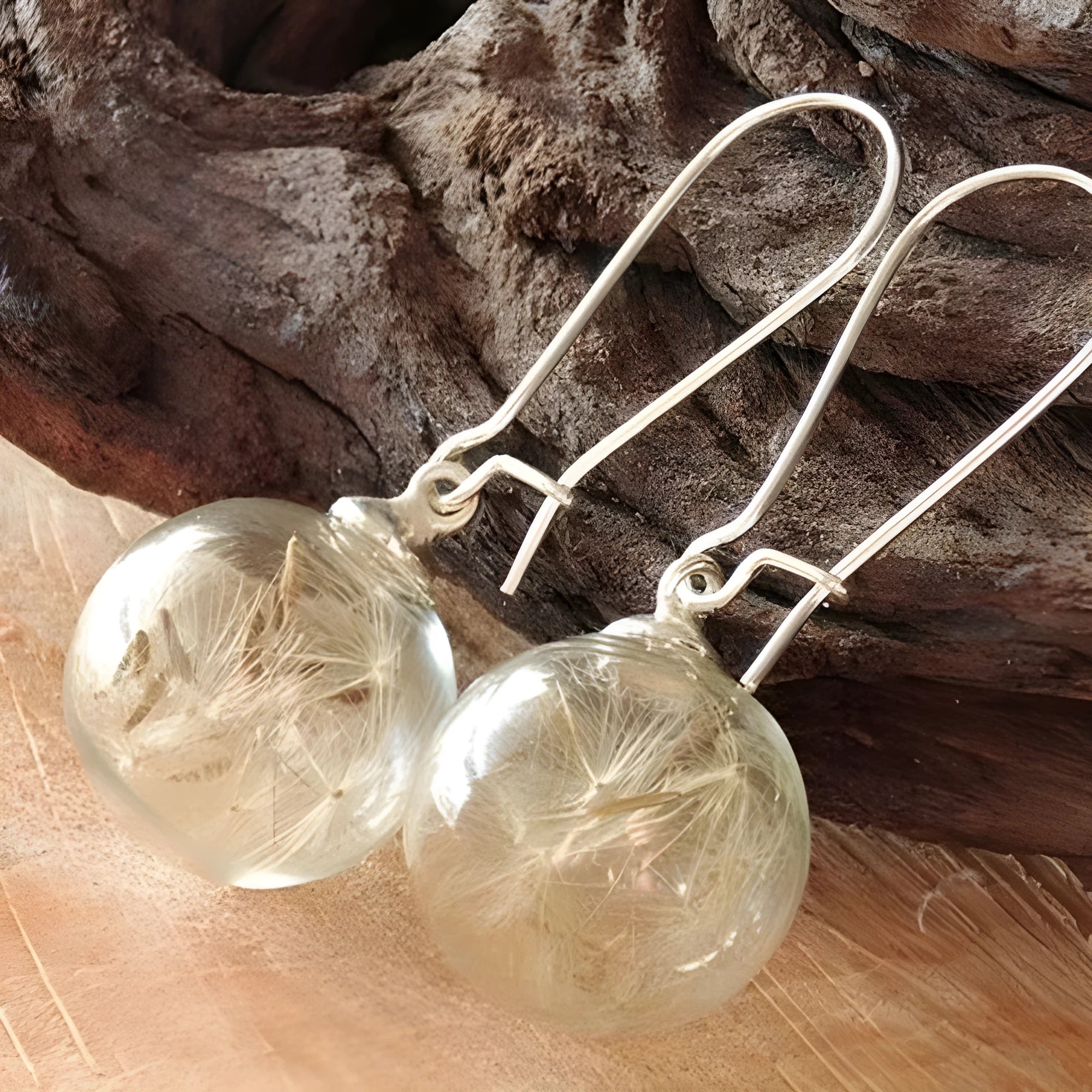 Transparent crystal dandelion seed glass ball earrings on French hook in silver and bronze finishes