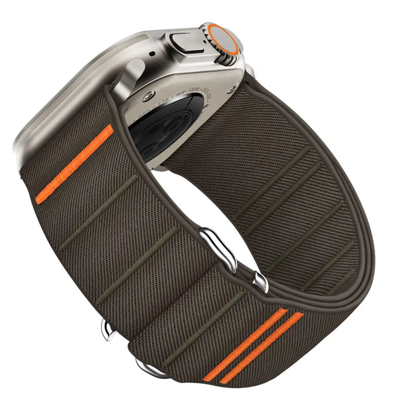 Elastic nylon sports watchband with stainless steel buckle for Apple Watch, shown in multiple colour options.