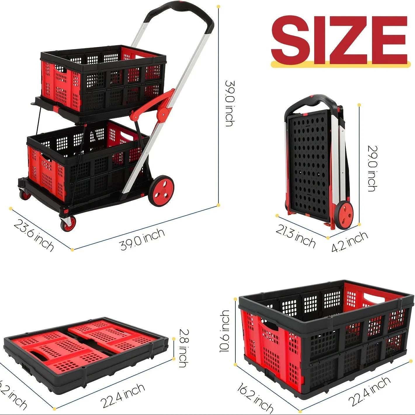 Foldable blue shopping cart with double-layer plastic baskets for grocery transport