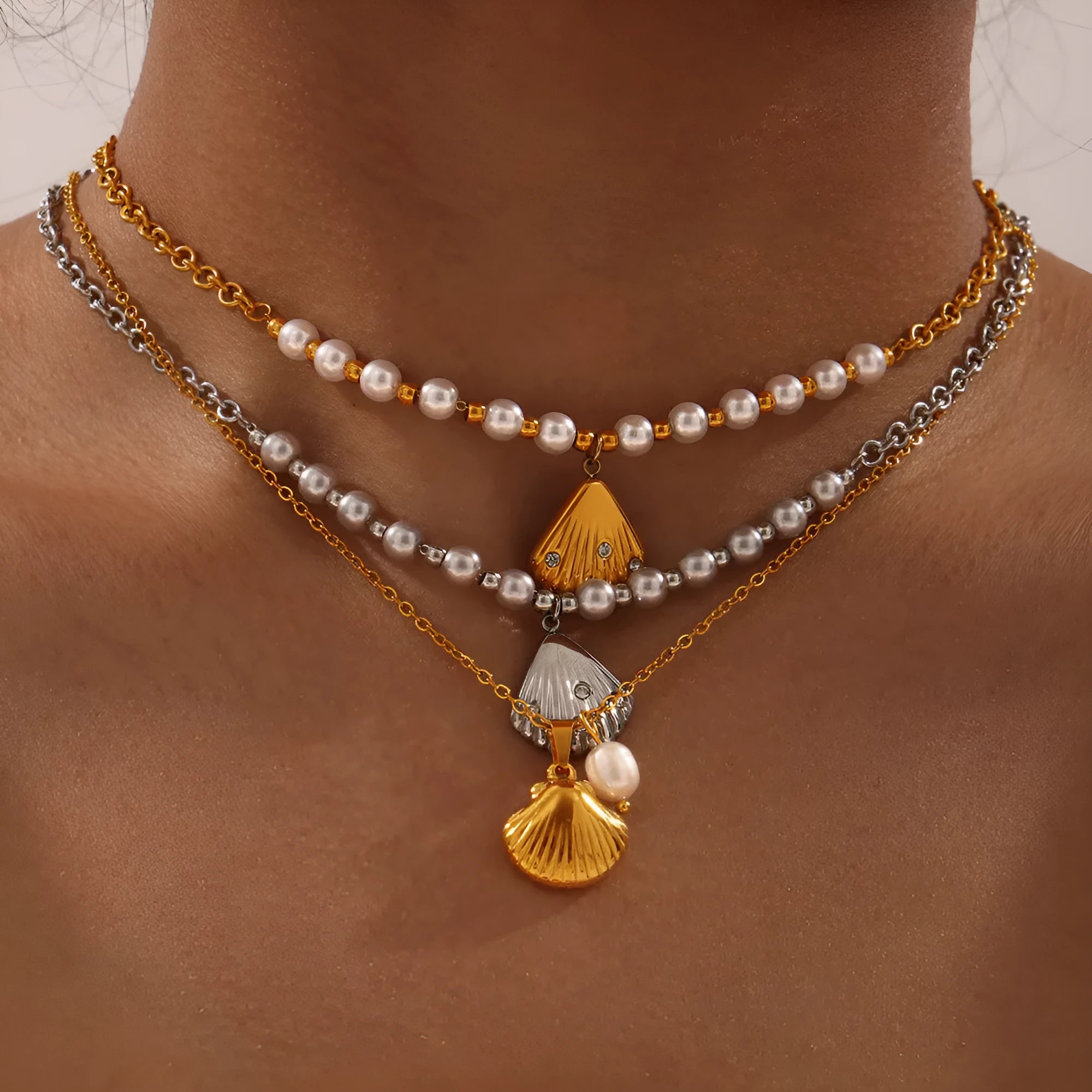 French vintage shell pendant necklace with freshwater pearl beads on titanium steel chain