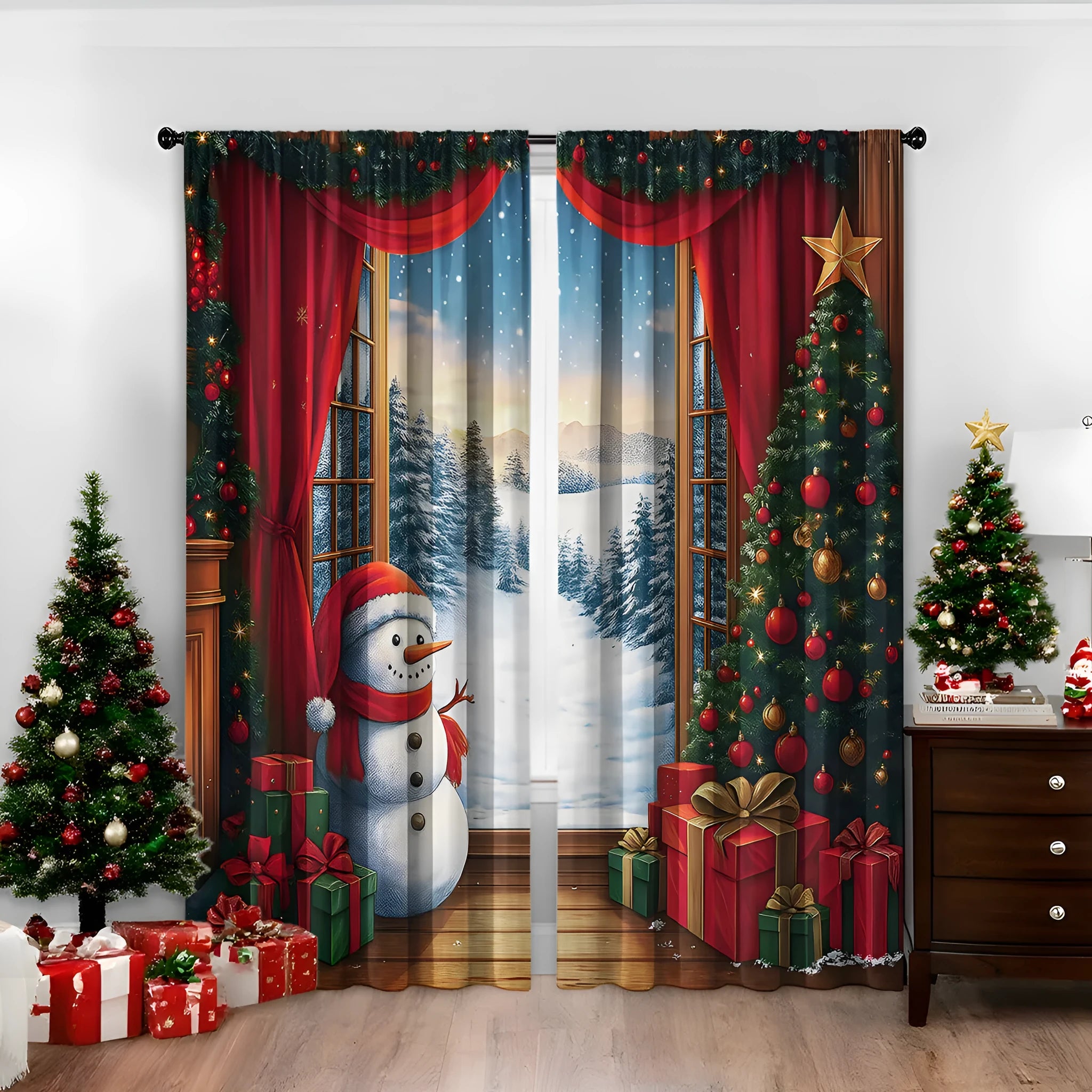 3D digital printed Christmas curtain in a modern style, showing detail of printed pattern and fabric texture.