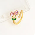 Copper gold plated geometric leaf open ring for women with zircon accents and split ring design