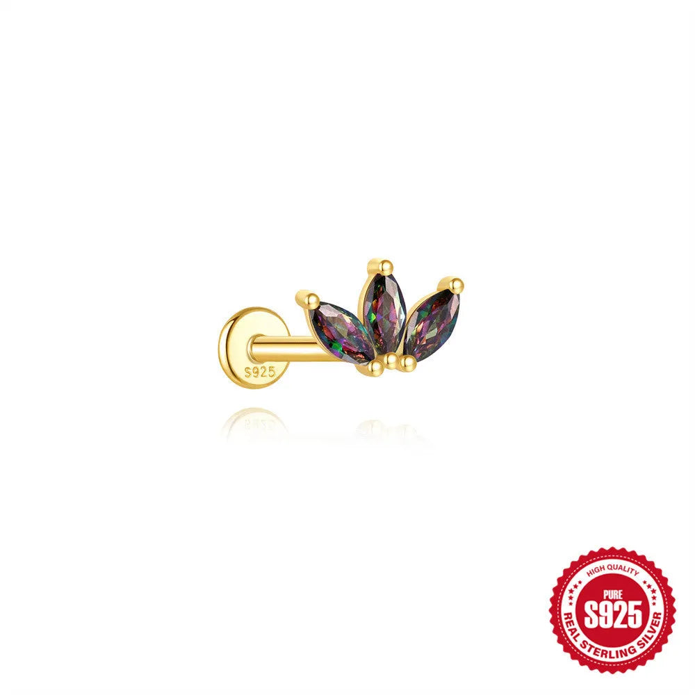 S925 sterling silver threaded ear piercing with super shiny flat head and rainbow stone in a gold colour.