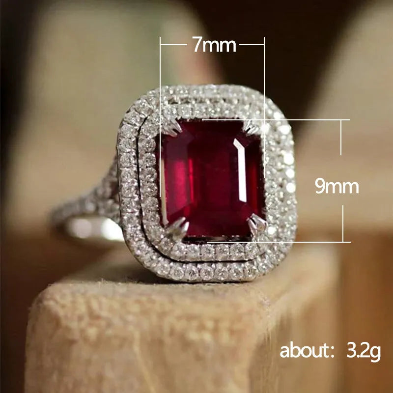 Copper square princess ring with F827 red rhinestone on women's hand geometric jewellery