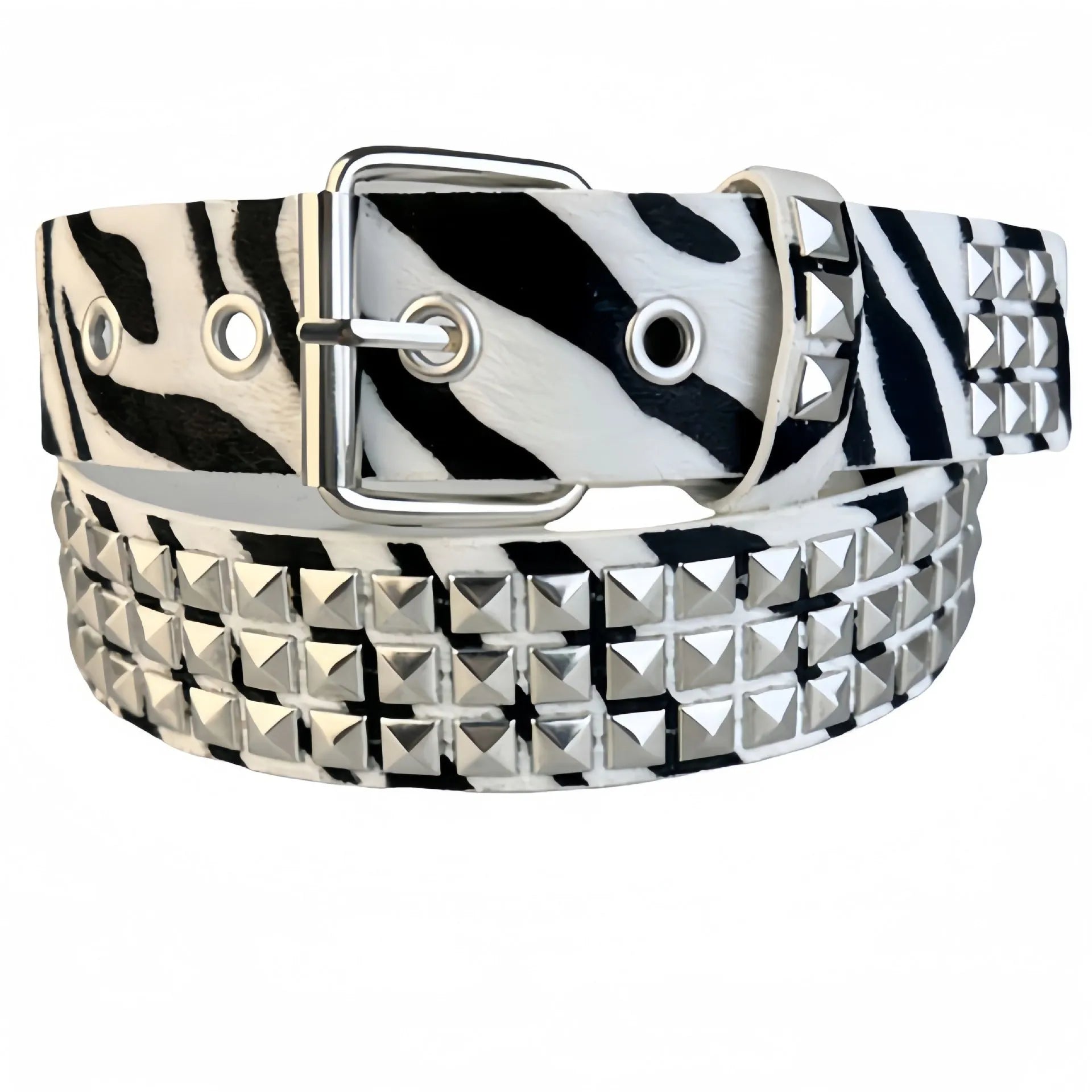 Punk style women's belt with metal decorative rivets on brown leopard print PU leather with an alloy buckle.
