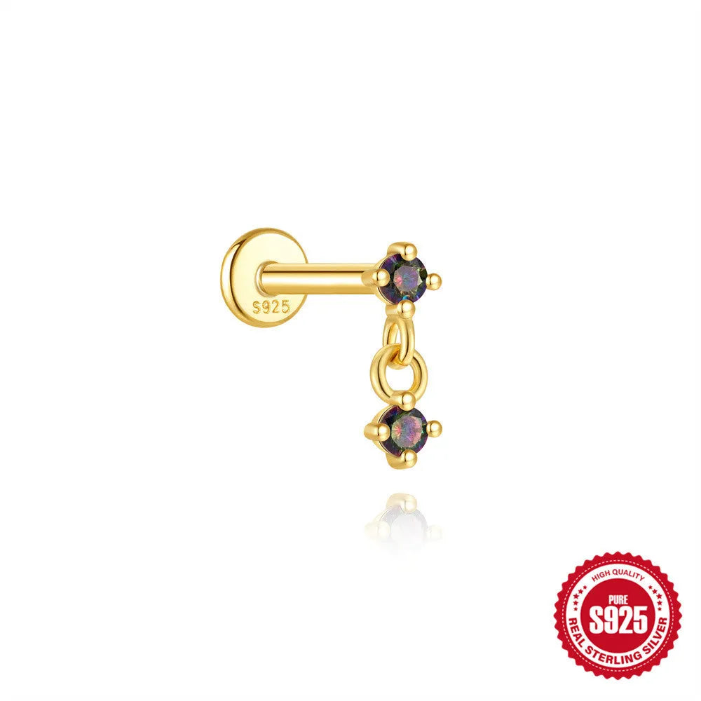 S925 sterling silver threaded ear piercing with super shiny flat head and rainbow stone in a gold colour.