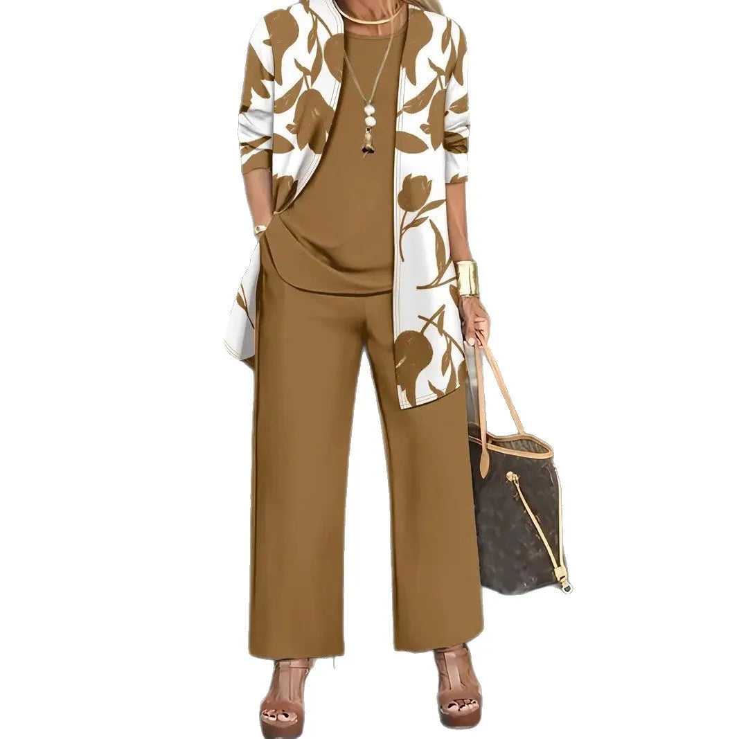 Women's printed three-piece casual suit set in polyester, showing jacket, vest, and trousers.