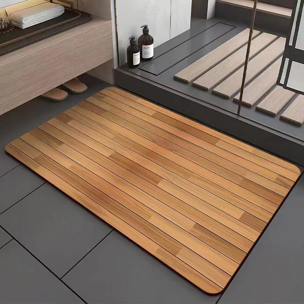 Square American-style diatom ooze floor mat with a geometric wood grain pattern in a bathroom setting.