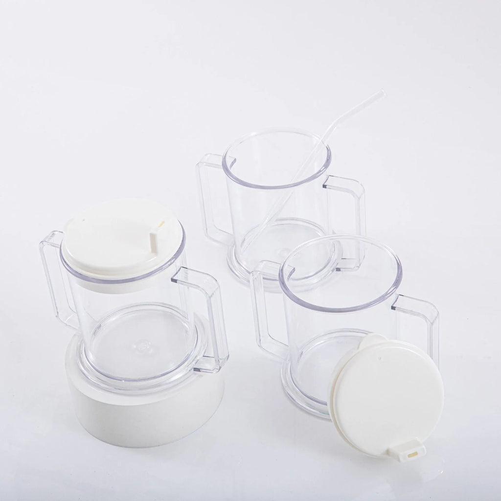 Transparent spill-proof drinking cup with modern design showing dimensions