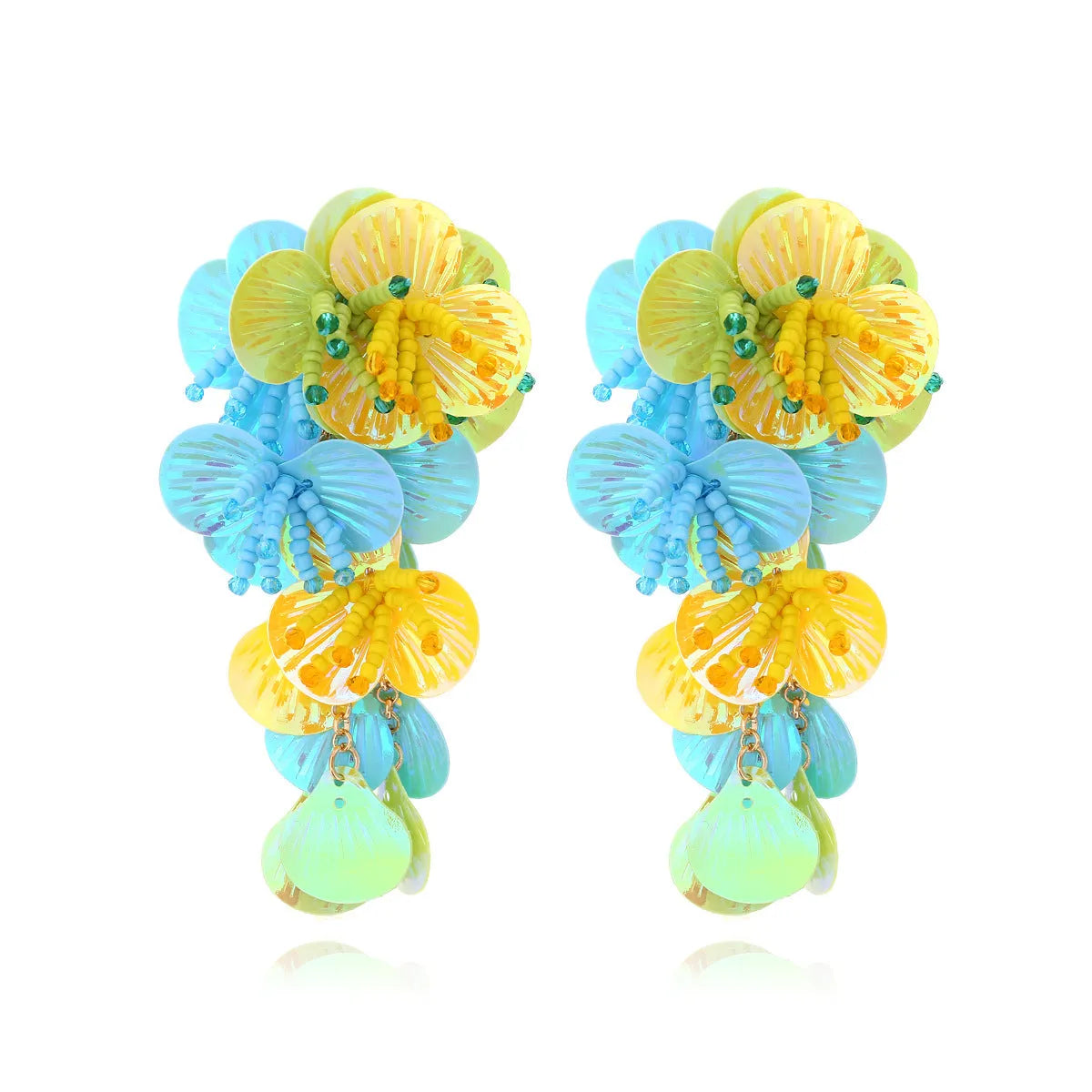 Handmade exaggerated dopamine floral earrings with mixed-material flowers and leaves in colourful, rose, or purple