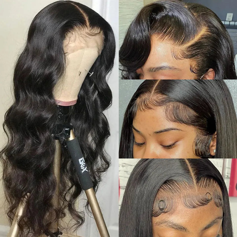 Black long curly synthetic lace front wig with side bangs on a model