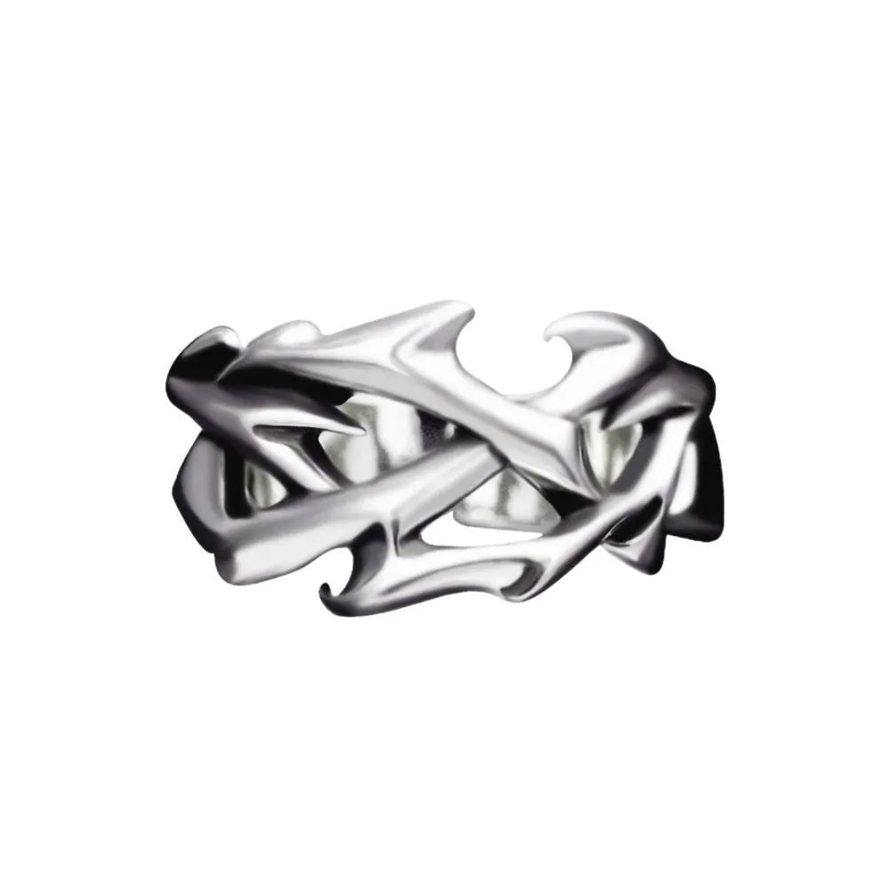Copper thorn flower ring with geometric pattern and adjustable opening