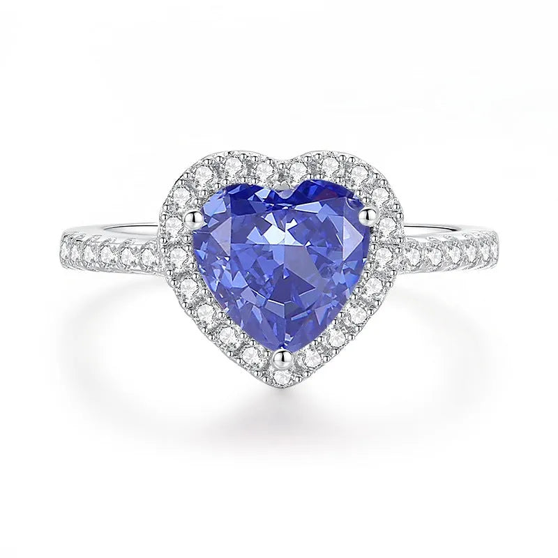 Heart-shaped 925 sterling silver ring with a colour zircon stone in a diamond ice flower cut.