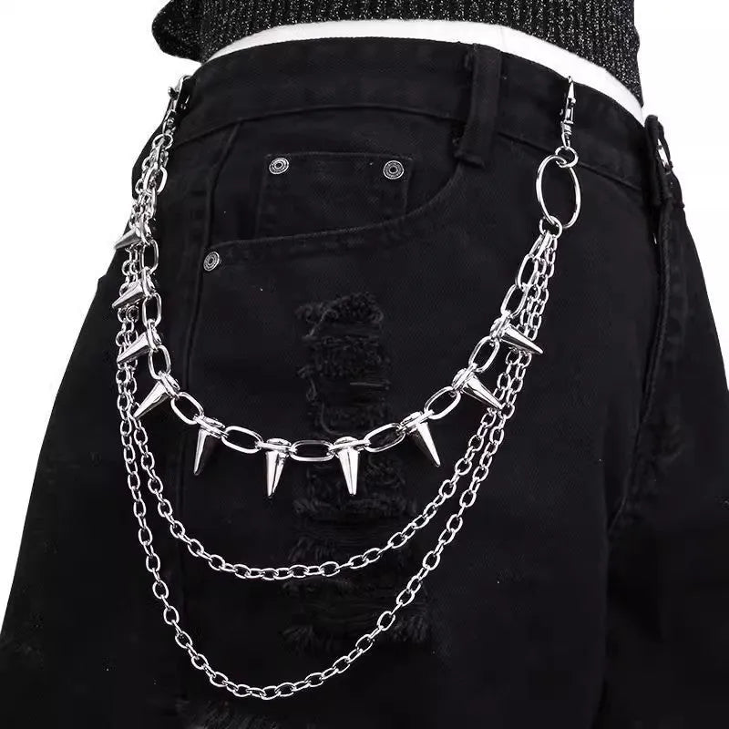 Silver double-layer metal trousers chain with rivet details, 115cm length