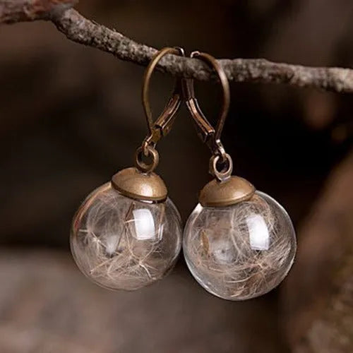 Transparent crystal dandelion seed glass ball earrings on French hook in silver and bronze finishes