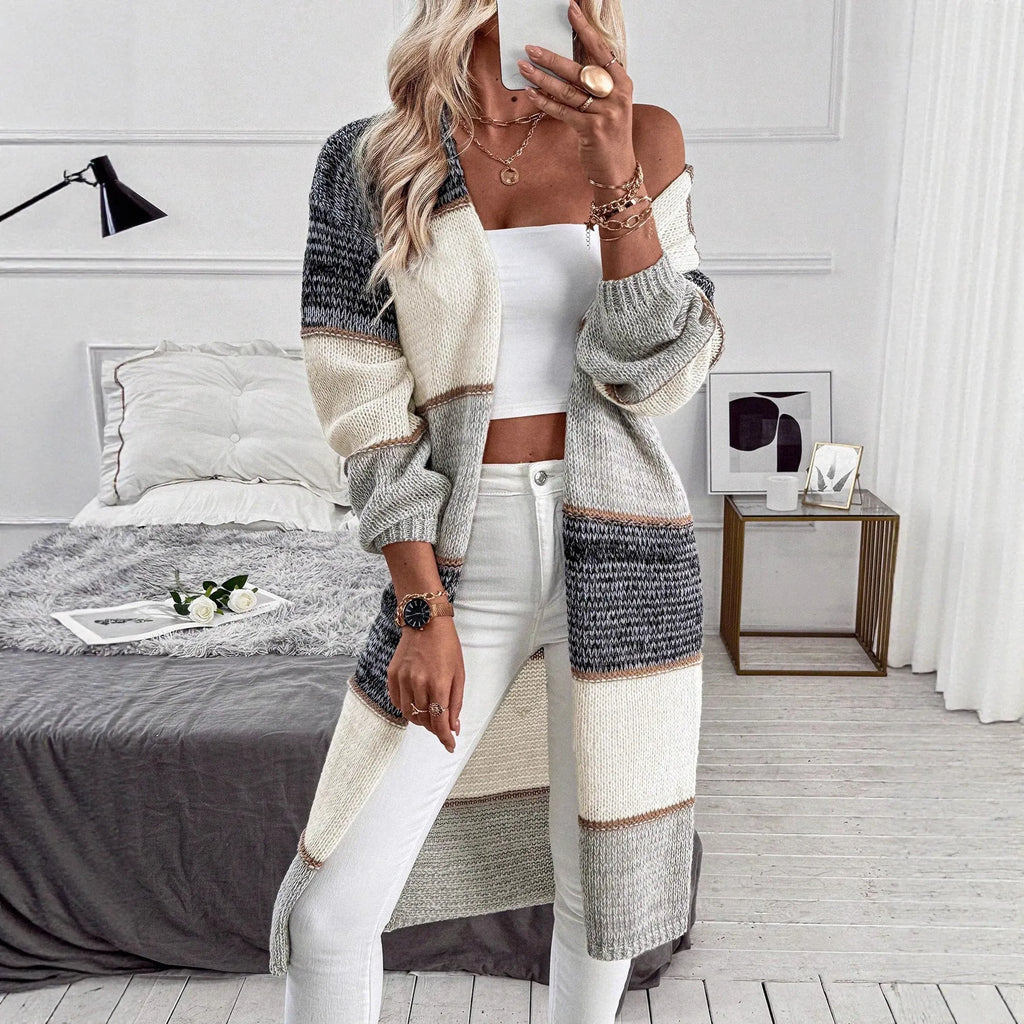 Grey striped women's knitted long cardigan with loose fit and long sleeves