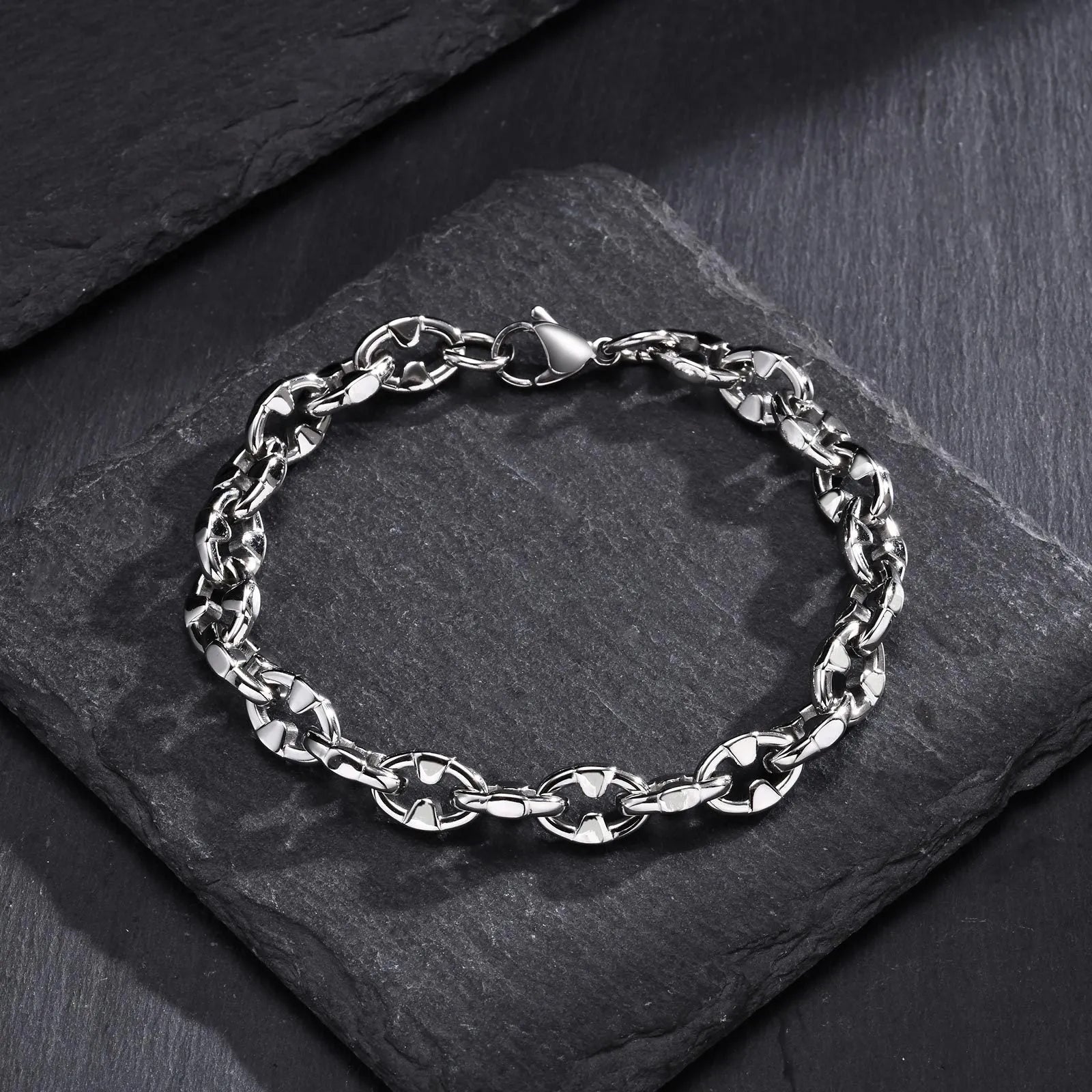 Handmade stainless steel geometric link chain bracelet in steel colour