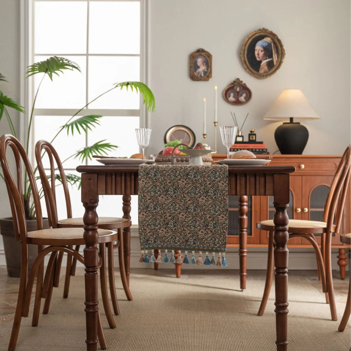 Dark blue Nordic jacquard table runner with bouquet pattern and tassel fringe on wooden table