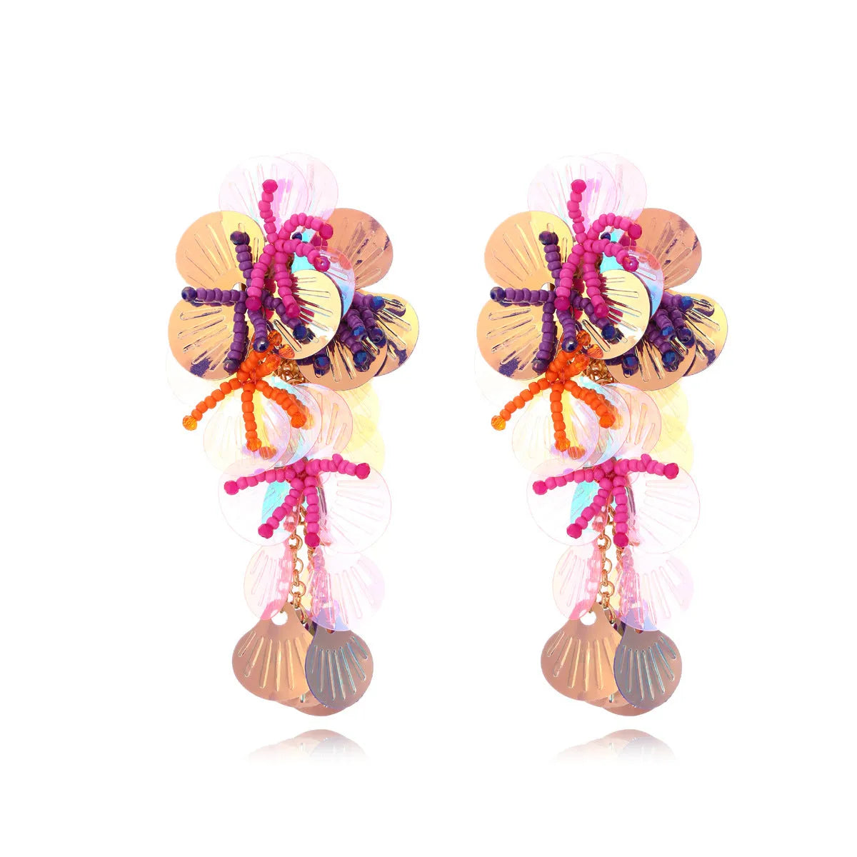 Handmade exaggerated dopamine floral earrings with mixed-material flowers and leaves in colourful, rose, or purple