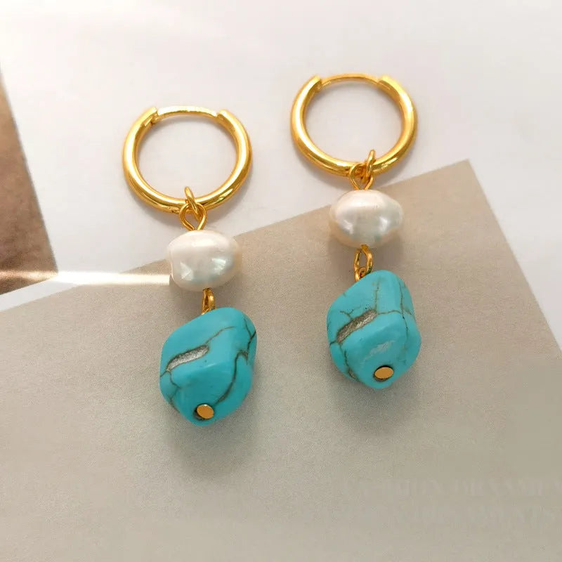 Copper geometric cultured pearl earrings with irregular turquoise stones