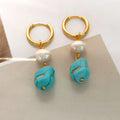Copper geometric cultured pearl earrings with irregular turquoise stones