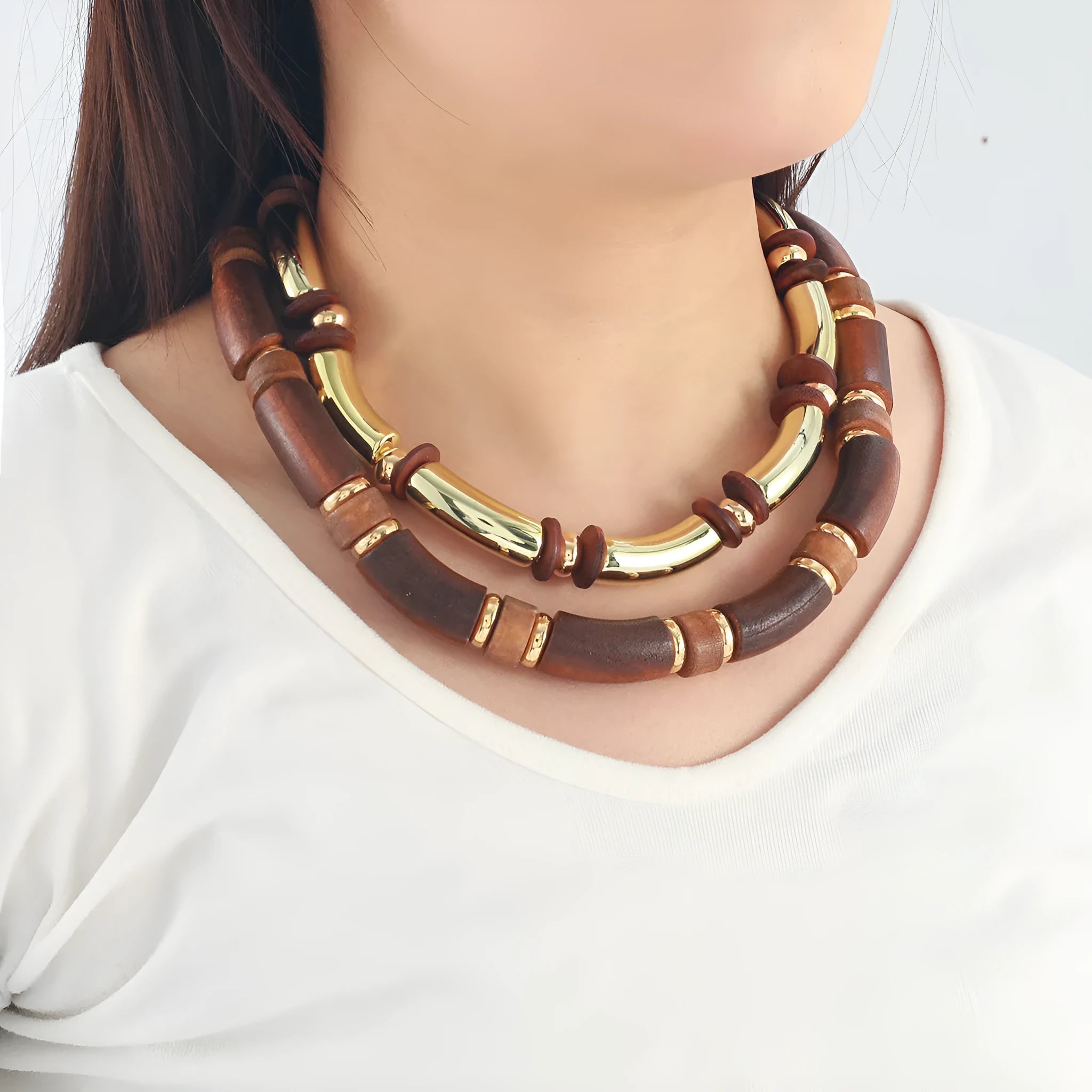 Women's multi-layer wooden necklace and bracelet set with alloy construction and round pendant elements