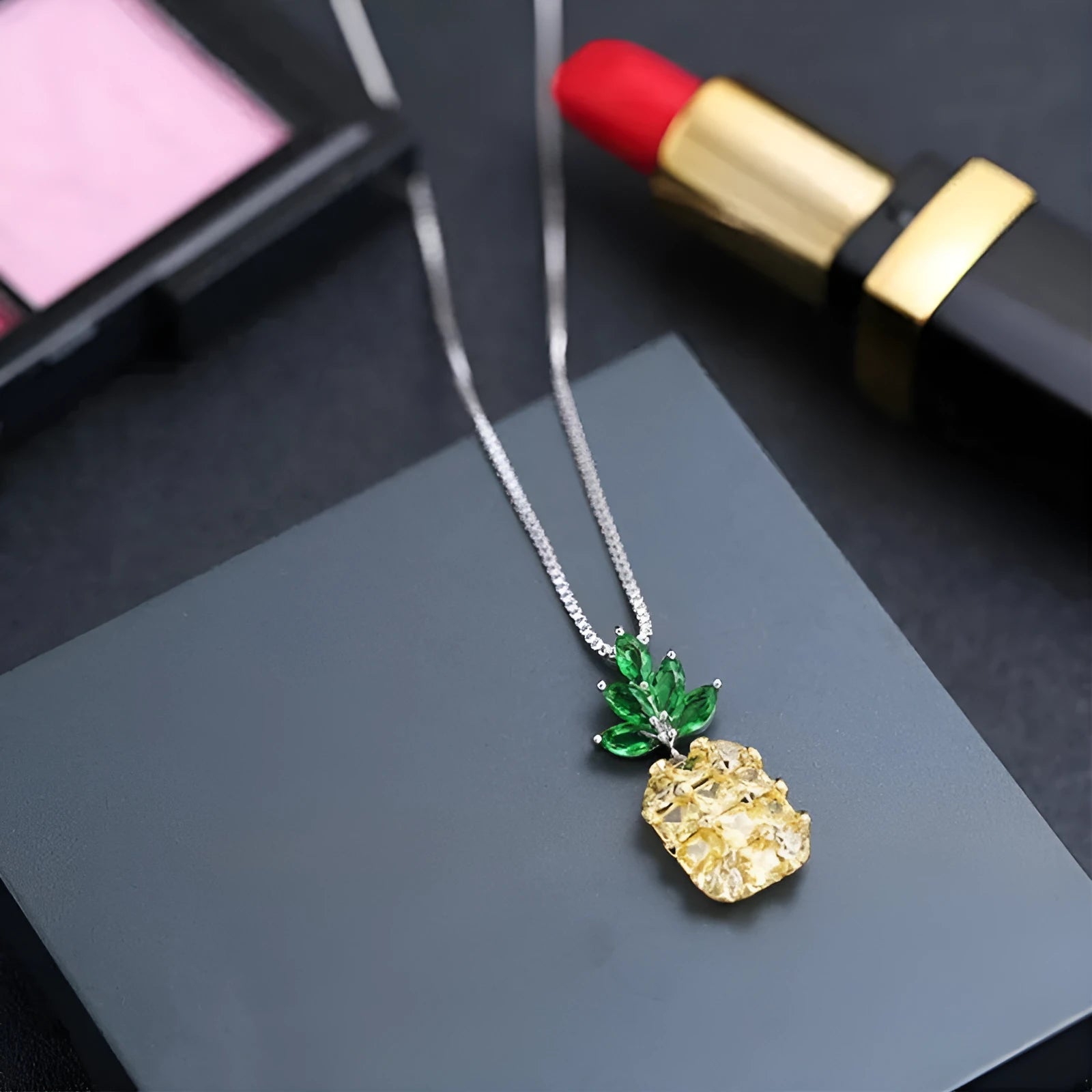 Women's geometric pineapple necklace with silver finish and detailed fruit charm
