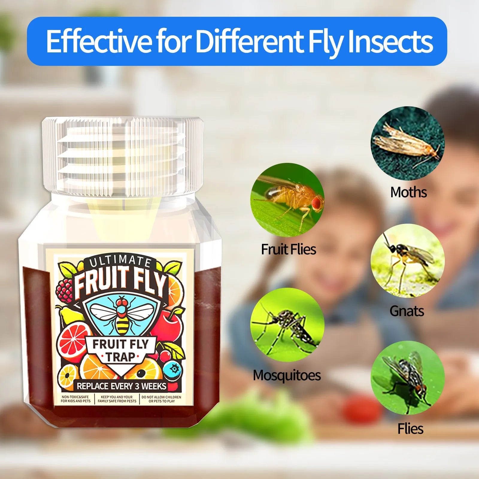 30ml bottle of SK003 fruit fly bait liquid with specification options including funnel variants