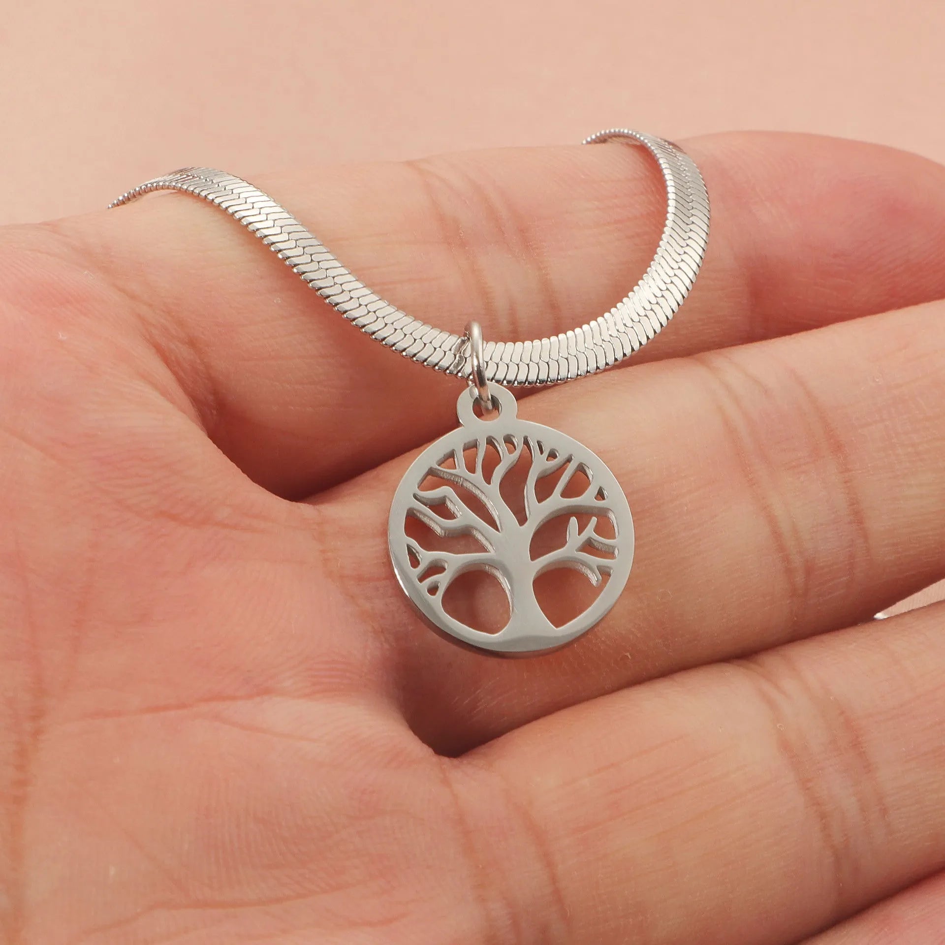 Stainless steel lucky tree pendant on snake bones chain necklace in gold colour