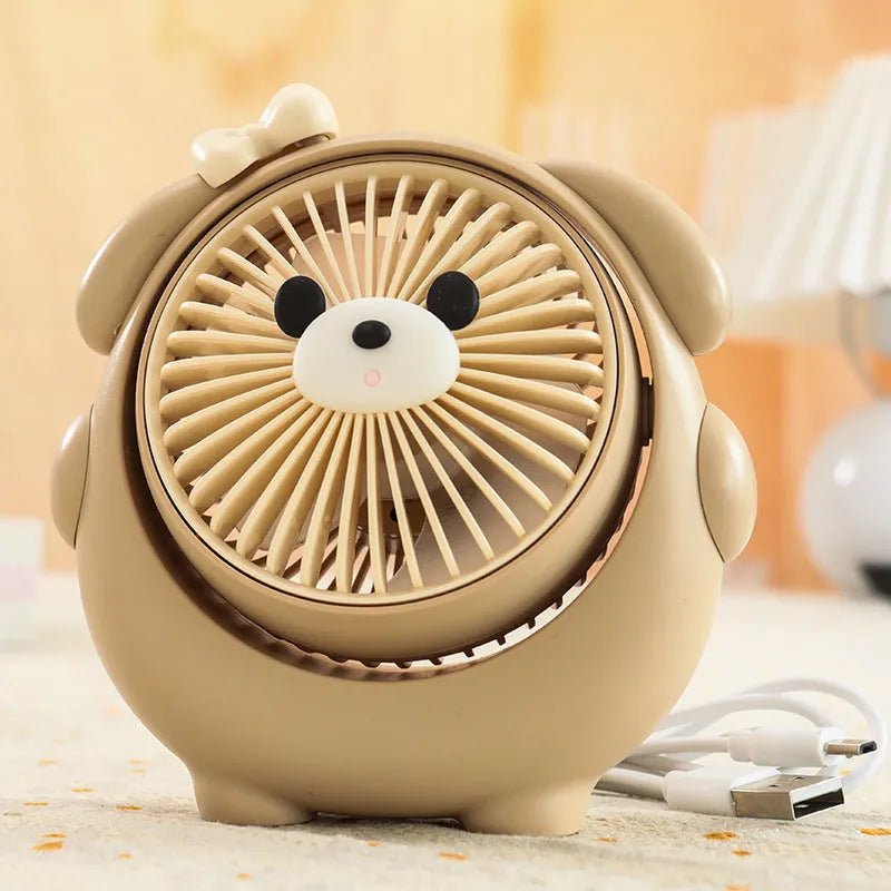 Fashion Cute Dog Desktop Electric Fan in a chosen colour on a desk with USB cable.