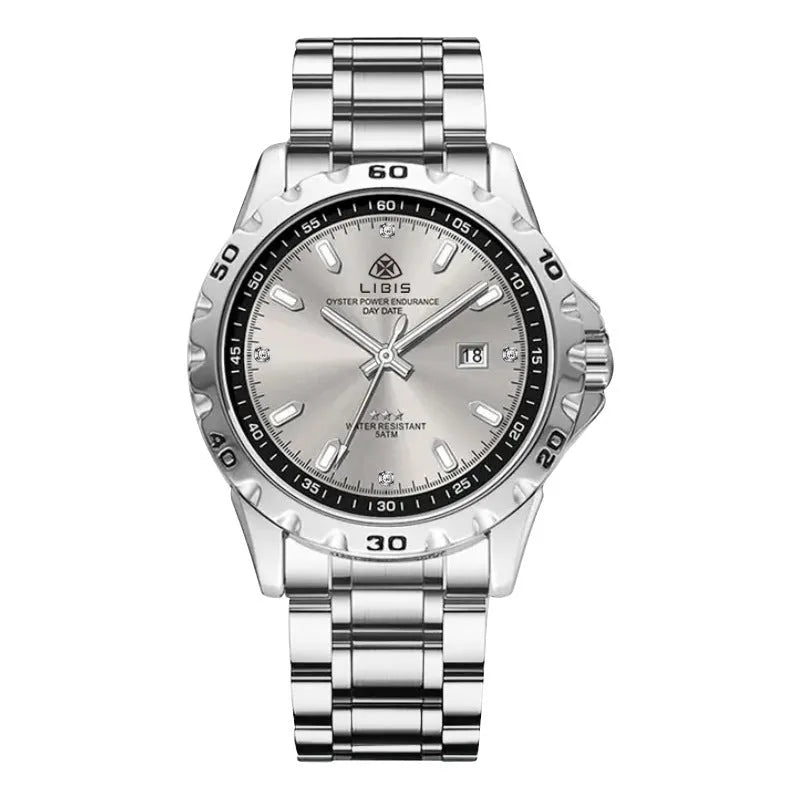 Men's silver business watch with luminous dial on stainless steel strap