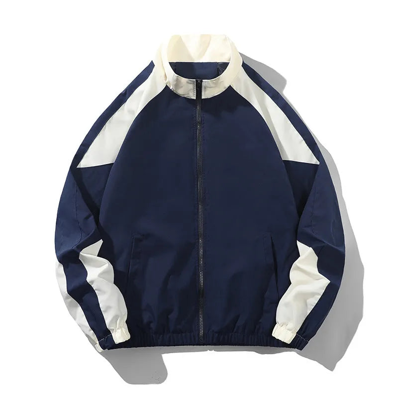Men's black loose-fit casual jacket with contrast stitching and side pockets for spring and autumn.