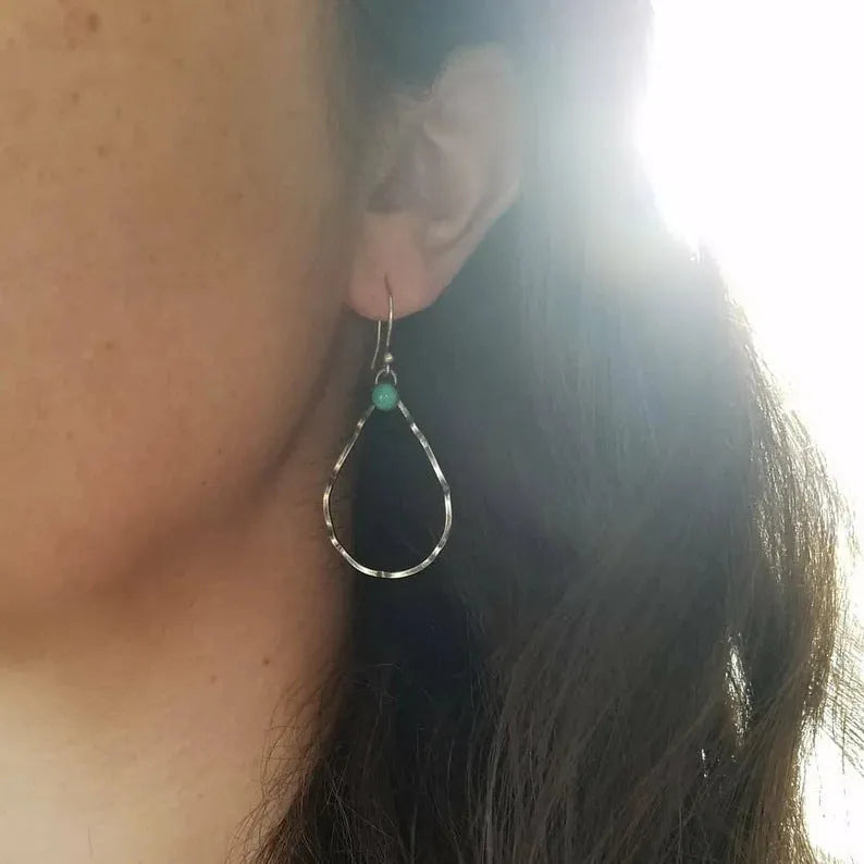 Bohemian geometric circle drop earrings in antique silver alloy with turquoise-inspired design