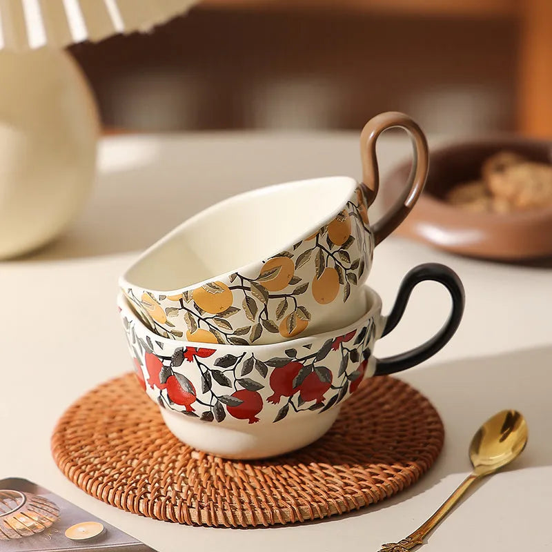 Medieval style ceramic coffee cup and saucer set in black or orange colour with 210ml capacity