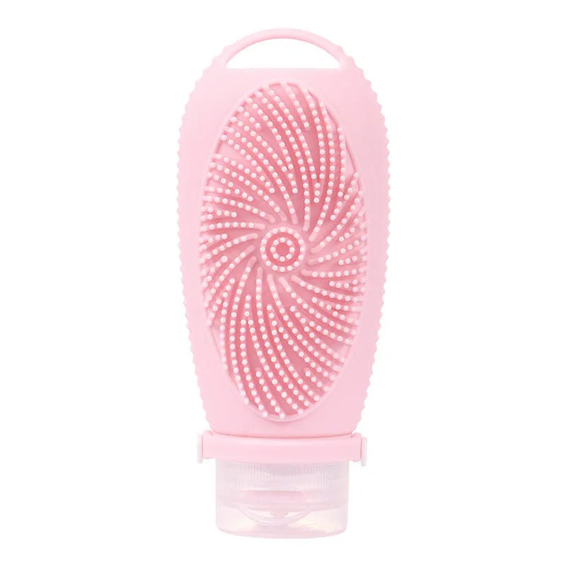 Silicone bath brush storage bottle in a selection of colours including pink, orange, and light grey.