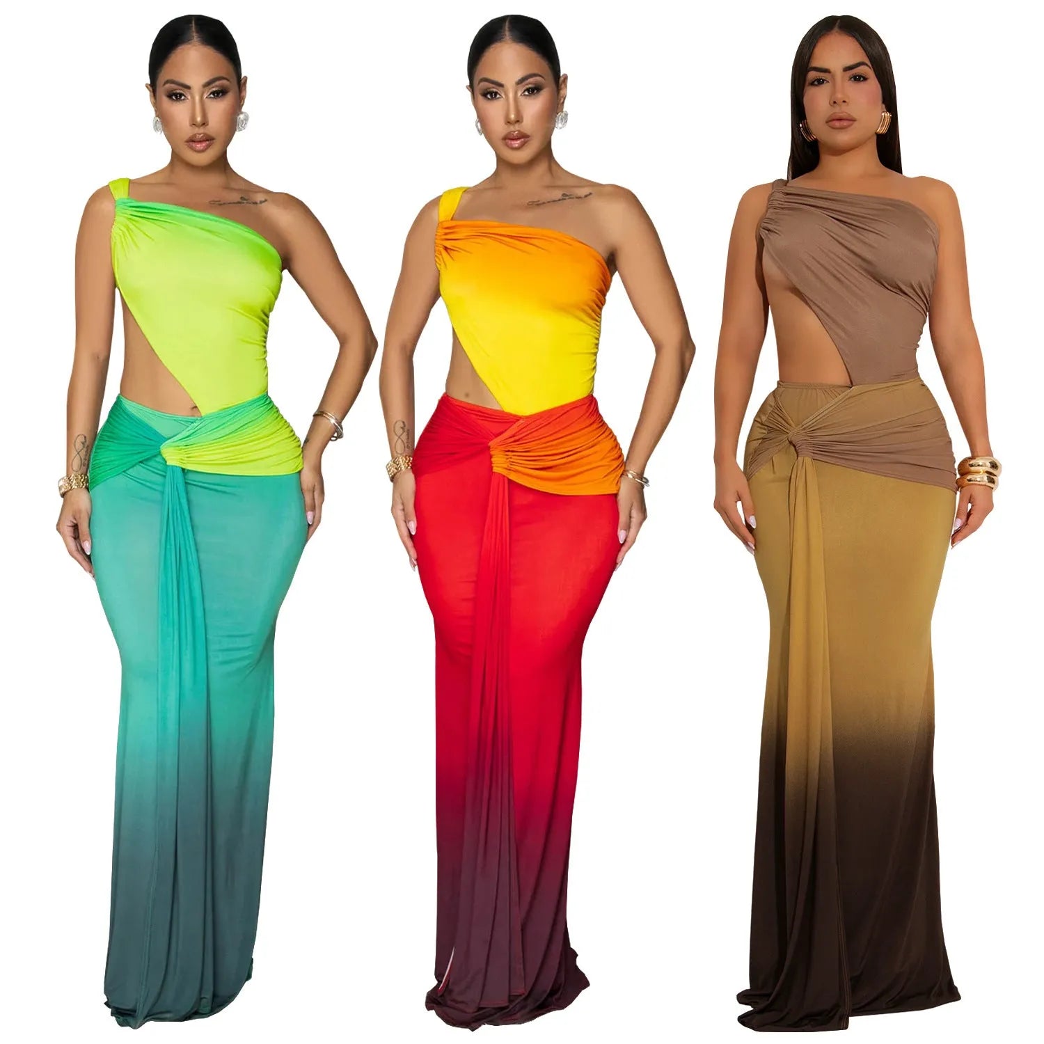 Long gradient-colour summer dress with oblique shoulder neckline and sleeveless design on a mannequin.