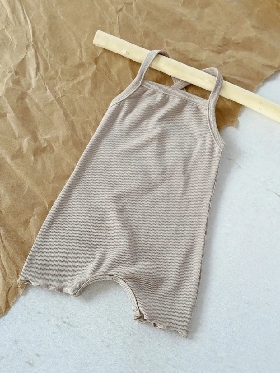 Baby sunken stripe camisole one-piece romper in modal fabric, pullover style, sleeveless, available in purple and cerise