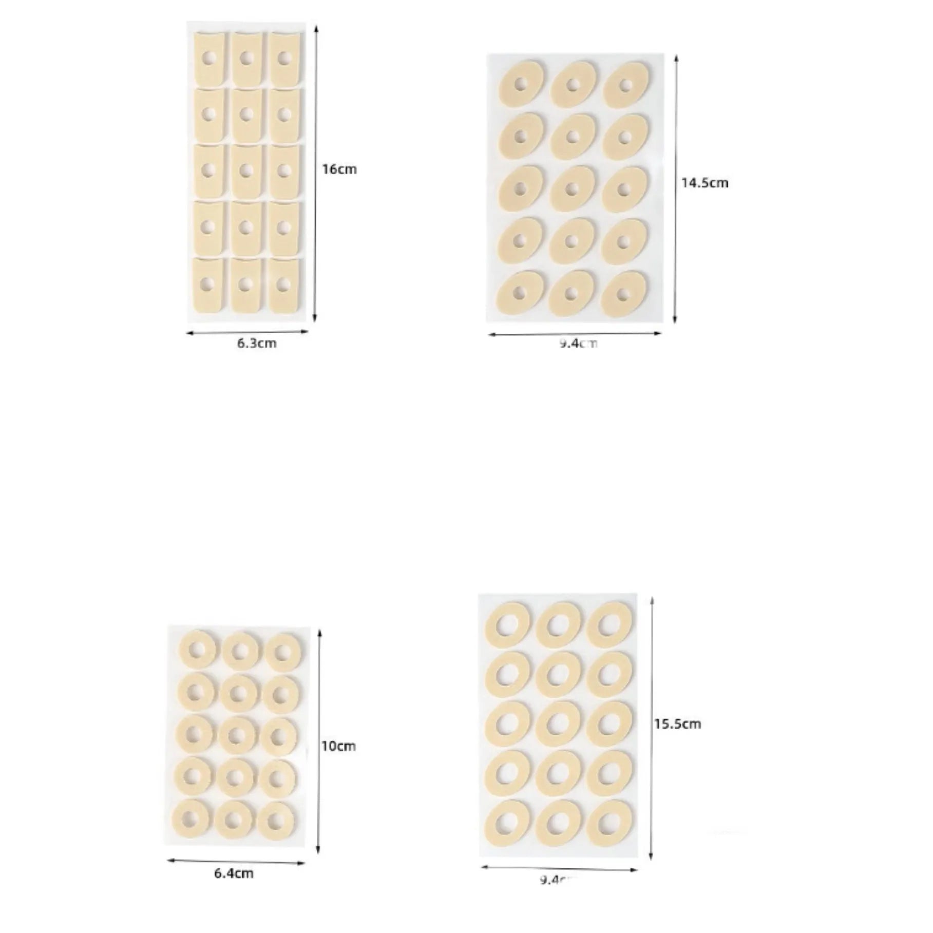 Women's heel corn protectors showing four shapes: large oval, small oval, U-shaped, and circular section PU gel pads