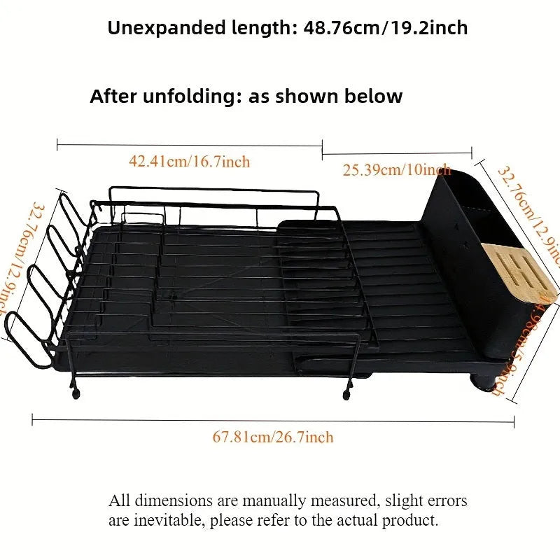 Carbon steel retractable cutlery drain rack with foldable design for kitchen utensil drying