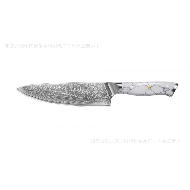 Damascus pattern chef's knife with VG10 steel blade and modern handle on a kitchen counter.