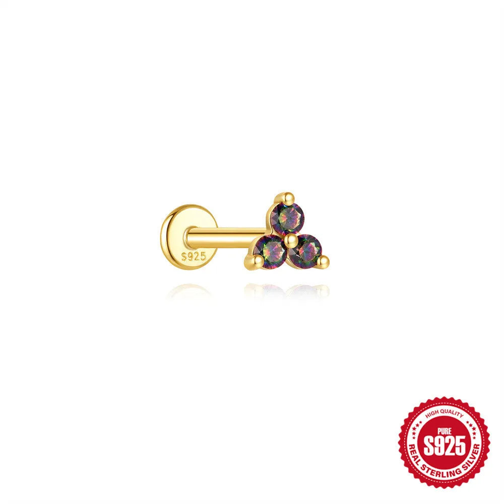 S925 sterling silver threaded ear piercing with super shiny flat head and rainbow stone in a gold colour.