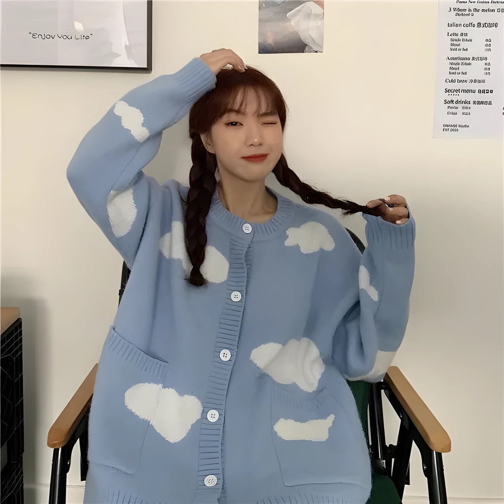Women's blue cloud pattern spandex cardigan sweater with loose fit and long sleeves