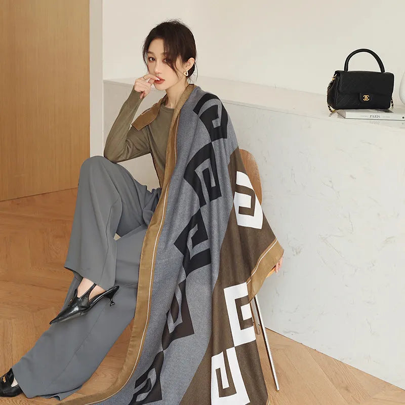 Women's vintage printed polyester scarf draped to show its 180cm length and 90cm width.