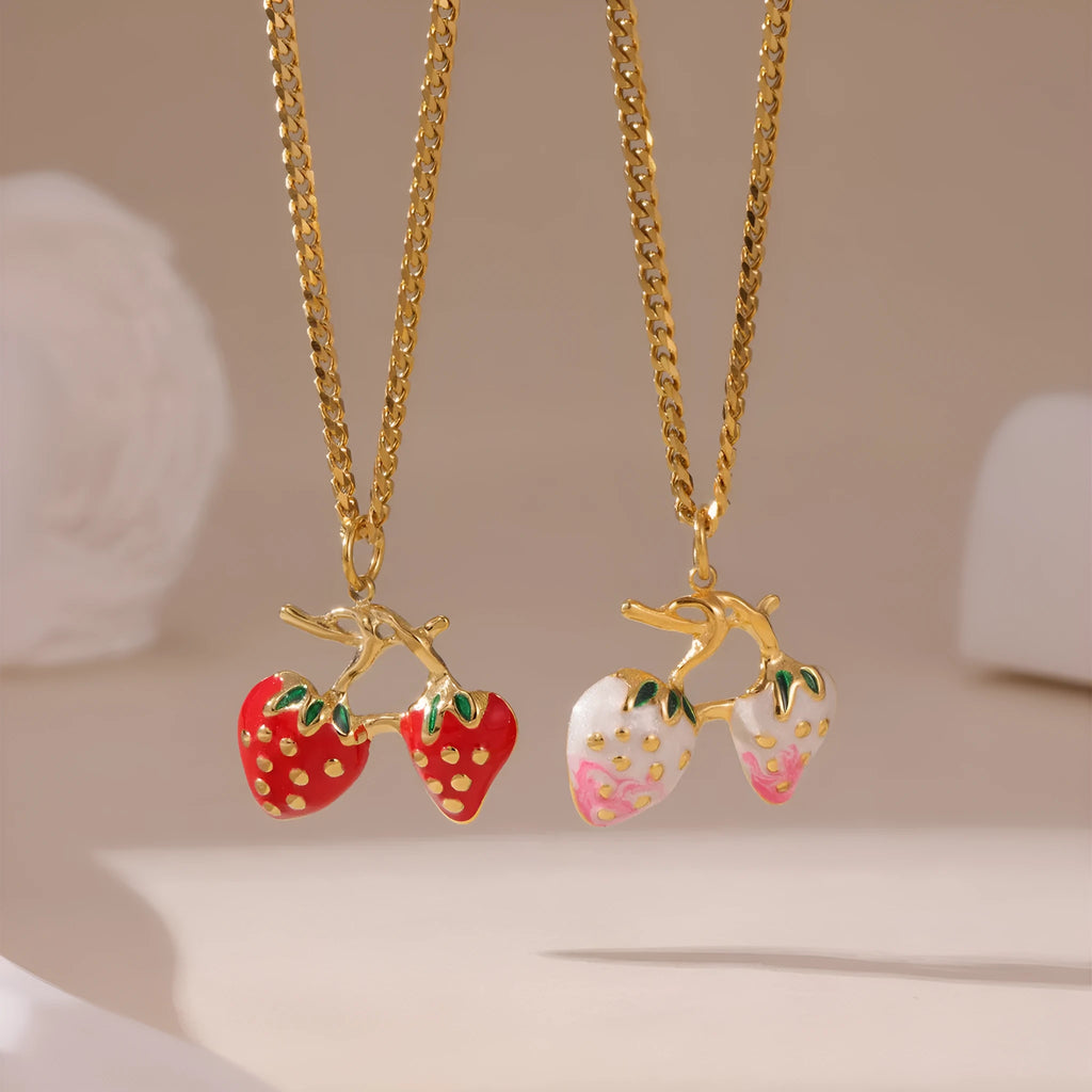 Strawberry fruit pendant necklace for women in red or white gradient colour on adjustable alloy chain