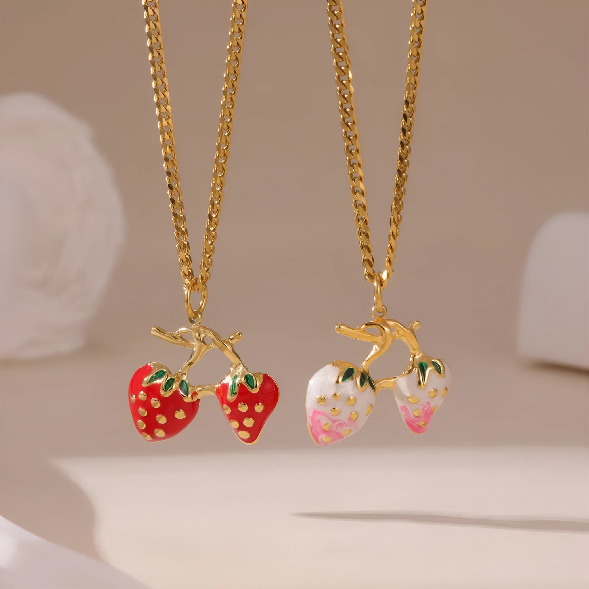 Strawberry fruit pendant necklace for women in red or white gradient colour on adjustable alloy chain