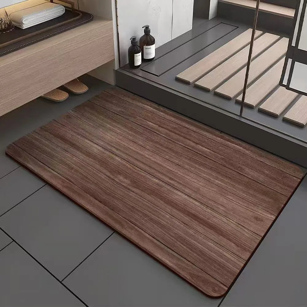 Square American-style diatom ooze floor mat with a geometric wood grain pattern in a bathroom setting.