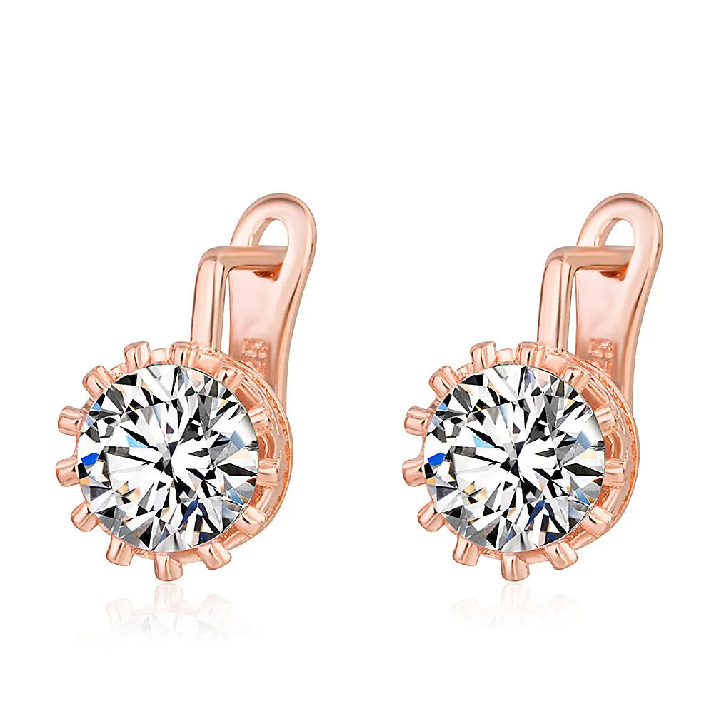 Korean retro style crown-shaped clip earrings with diamond accents in rose gold or white gold finish.